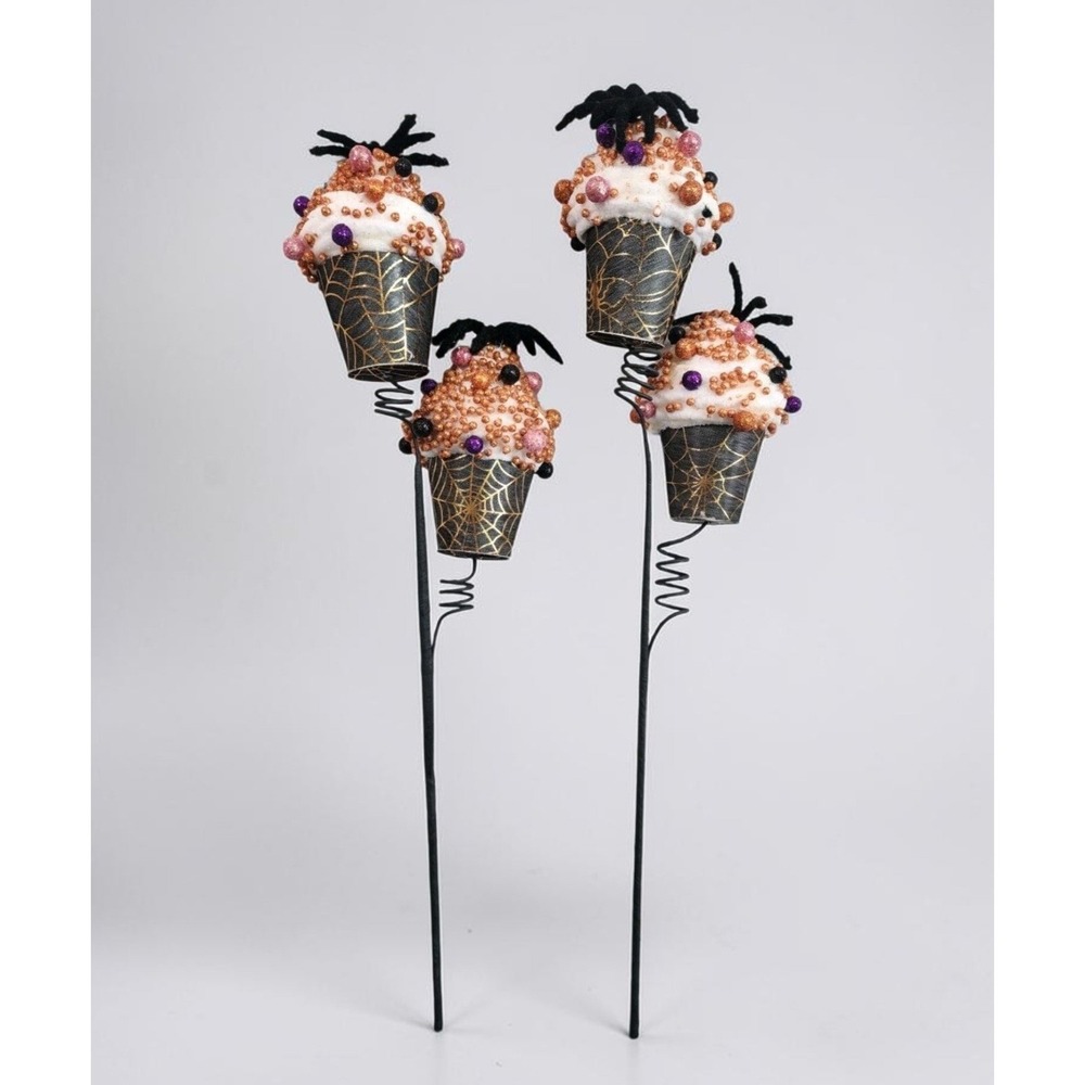 Halloween Cupcake Floral Picks Black Orange Spiderweb Wreath Decor  22" Set of 2
